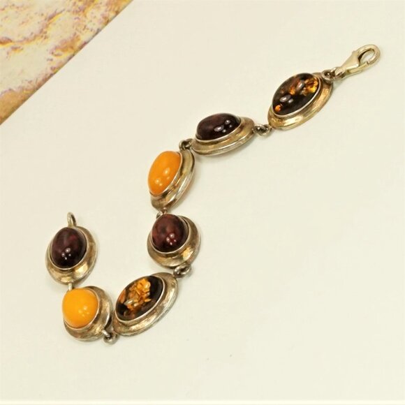 Multi Amber And 925 Silver Link Bracelet 7" - Unisex Amber Jewelry Gift - Picture 11 of 13